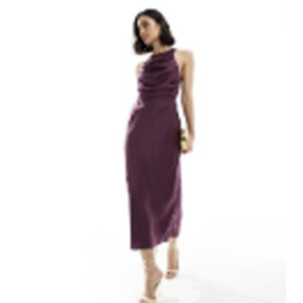 NWT ASOS DESIGN satin drape bodice midi dress in Aubergine Size 8